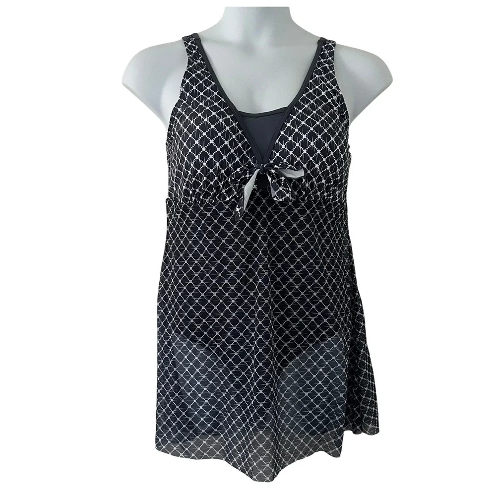 Women Navy White One-Piece Geometric Mesh Modest Swimsuit Swim Dress XL NWOT - Picture 1 of 10